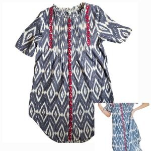 Sundance Tunic Top Womens Large Blue Ikat Embroidered Pintuck Cotton RN106205